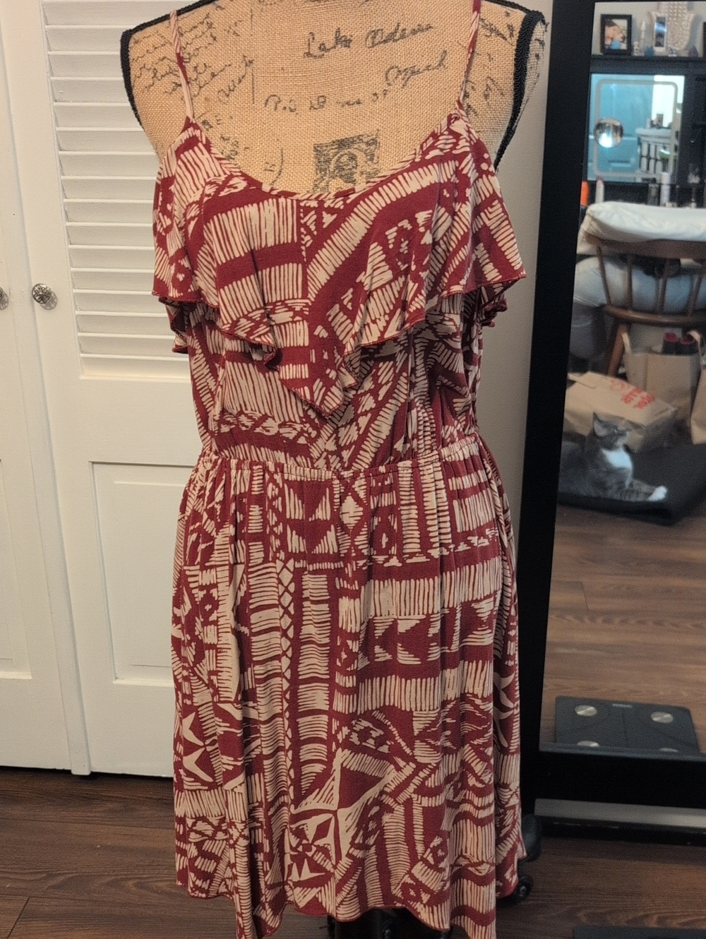 Emerald Sundae Burgundy and Cream Printed Ruffle Mini Dress